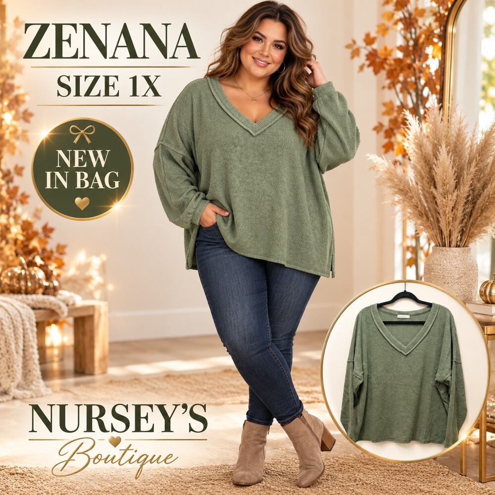 Zenana Womens 1X Sage Ribbed V Neck Oversized Exposed Seam Knit Top
